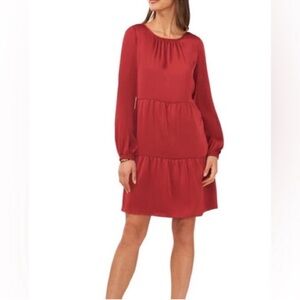 HALOGEN Women’s XS Long Sleeve Flowy Tiered Dress In Earth Red